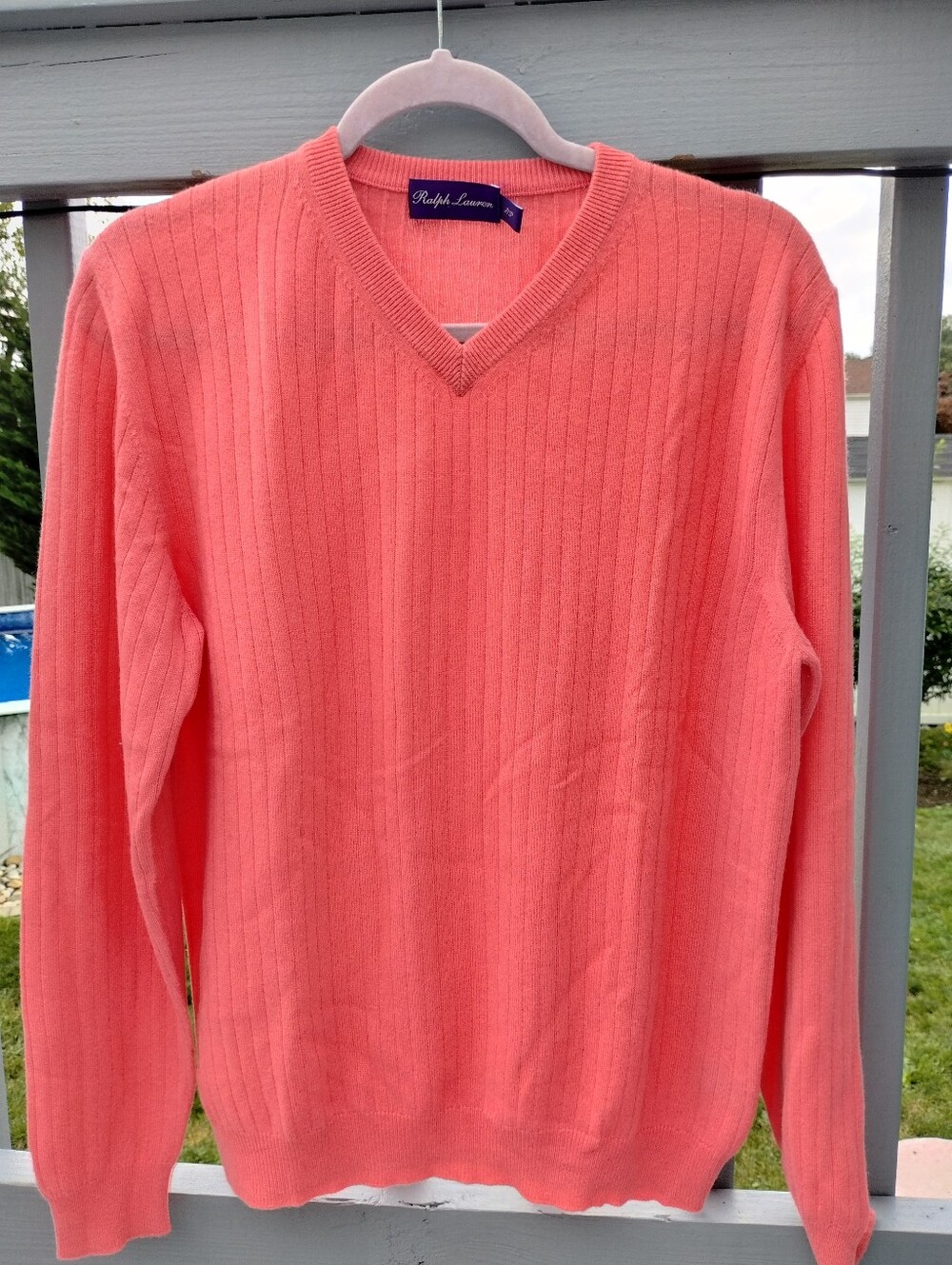 Ralph Lauren Purple Label Coral Pink V-Neck Ribbed Sweater S/P
